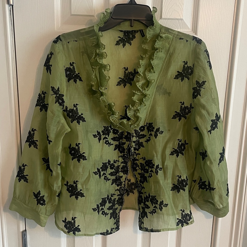 NIC+ZOE Olive Green Ruffle V-Neck Blouse with Black Floral Embroidery